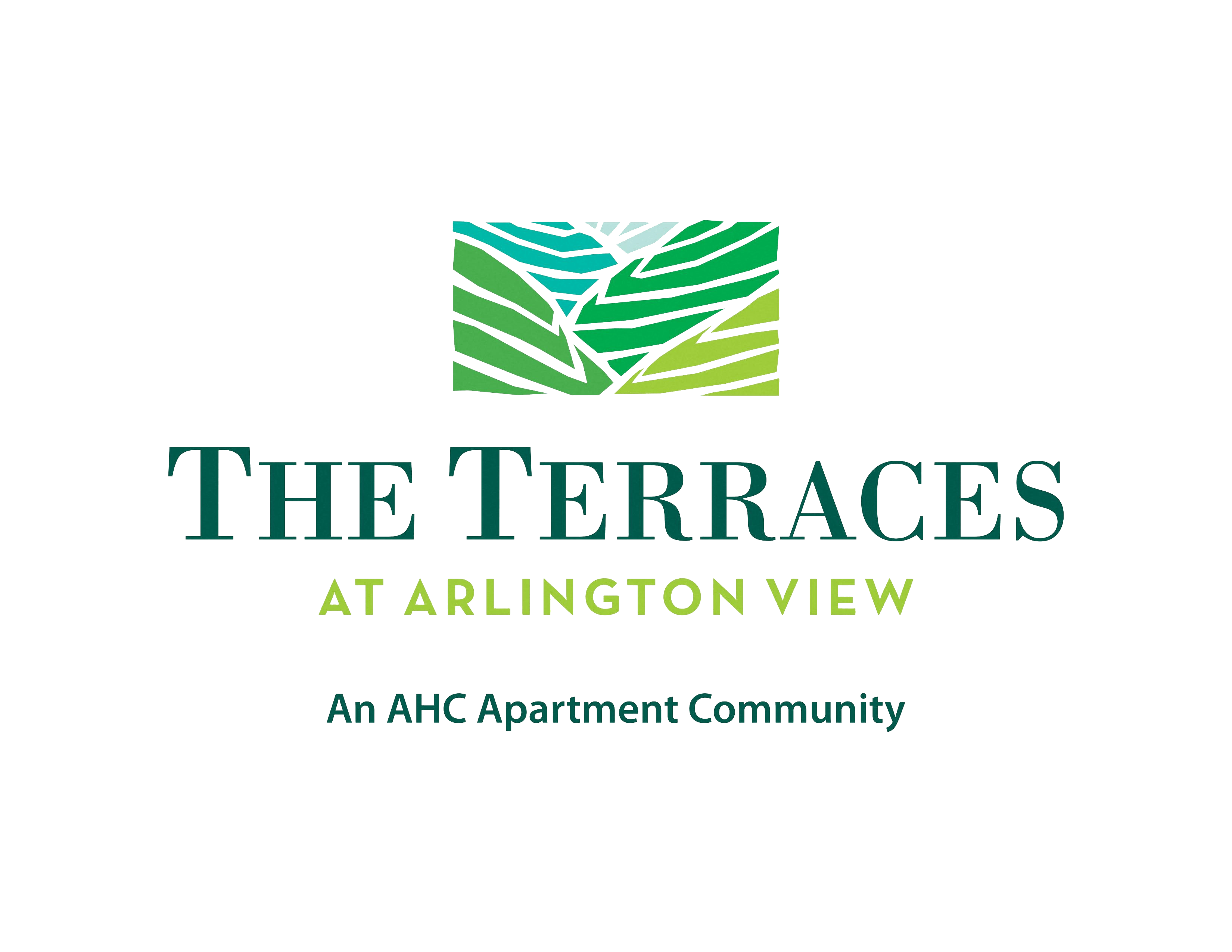 The image is a logo for The Terraces at Arlington View, an AHC Apartment Community.